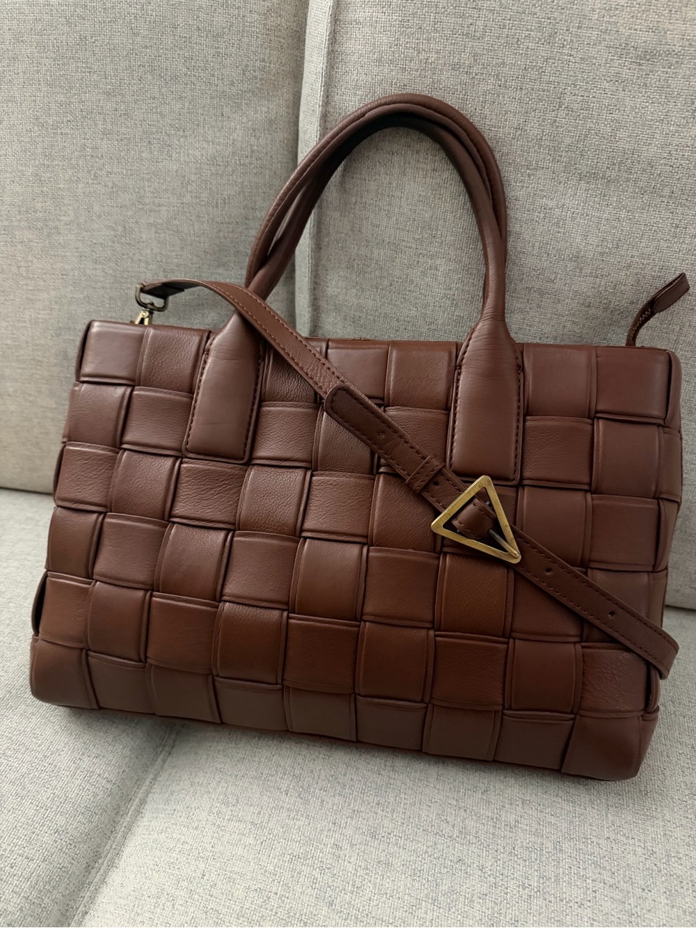 Woven Leather Satchel Bag - Brown